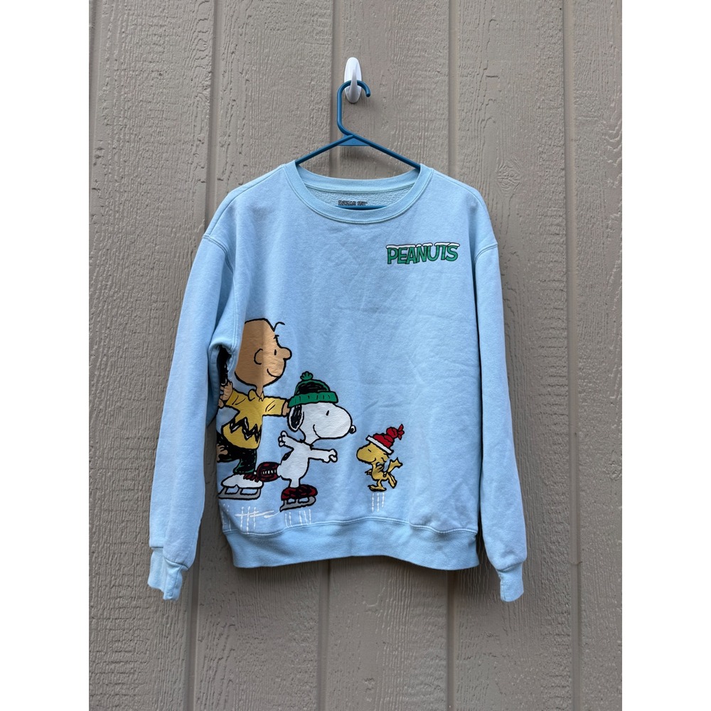 Peanuts Large Sweatshirt Christmas Ice Skating Cotton Blue Graphic Crewneck